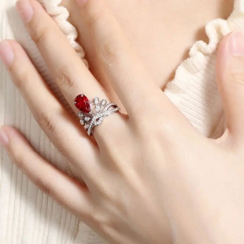 Leaf Crown 2.7 Ct Pear Cut Lab Ruby Engagement Ring - LGG Jewelry