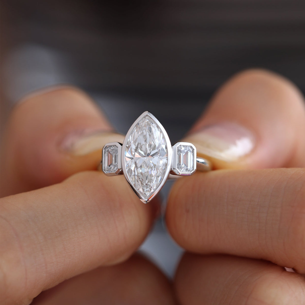Marquise Brilliant Cut Lab Diamond Three Stone Ring Paired with Two Emerald - Cut Lab Diamond - FIORESE JEWELRY