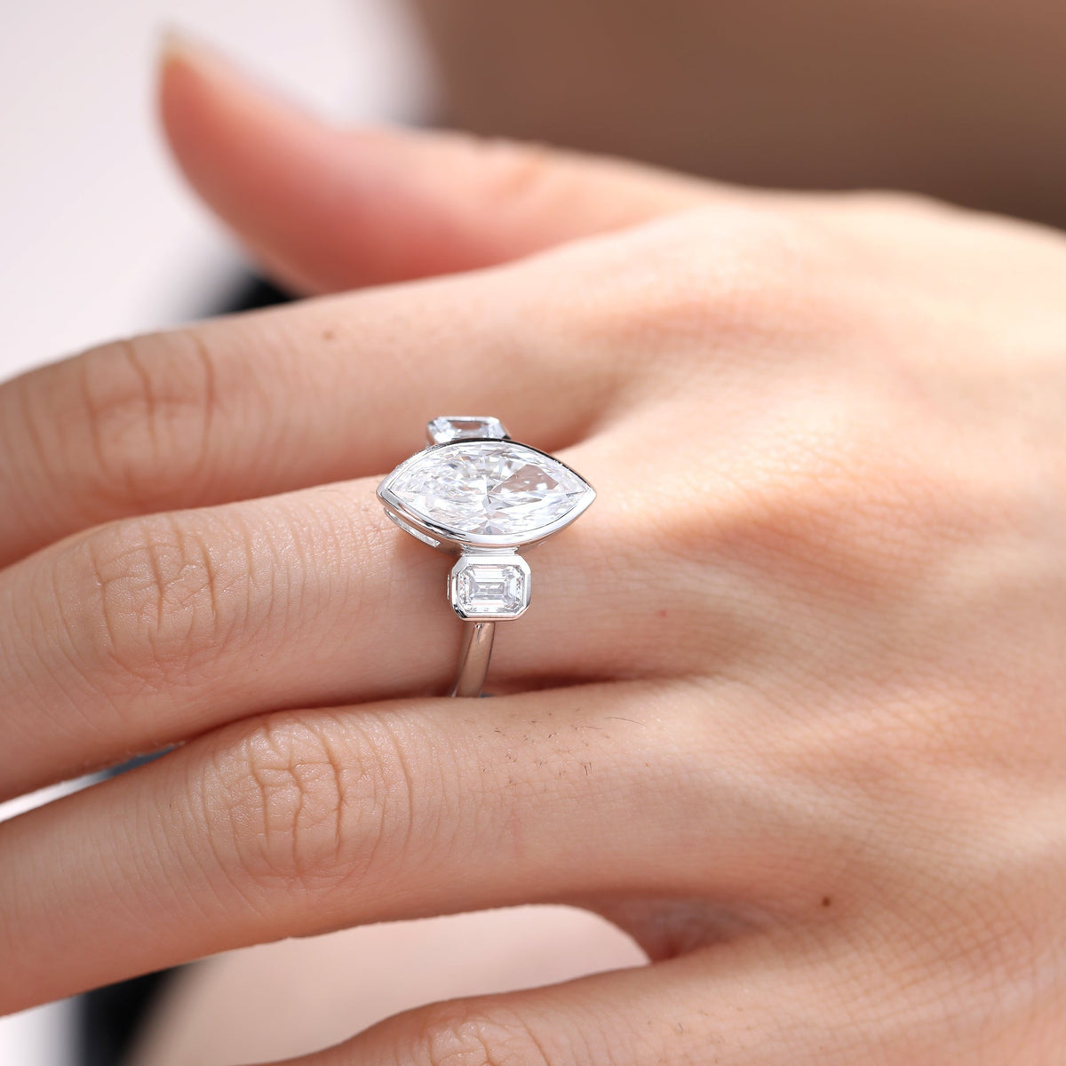 Marquise Brilliant Cut Lab Diamond Three Stone Ring Paired with Two Emerald - Cut Lab Diamond - FIORESE JEWELRY