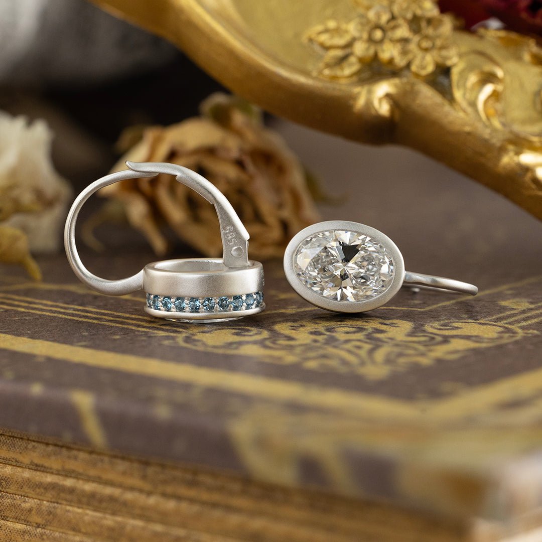 Matte Bezel Oval Cut Lab Diamond Dangle Earrings with Lab Blue Sapphire Hidden Halo - LGG Jewelry