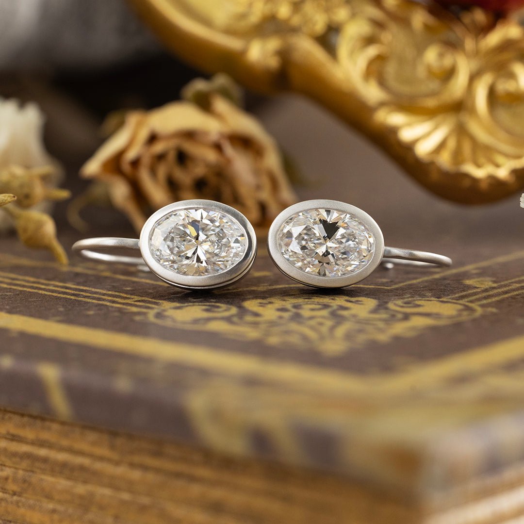 Matte Bezel Oval Cut Lab Diamond Dangle Earrings with Lab Blue Sapphire Hidden Halo - LGG Jewelry