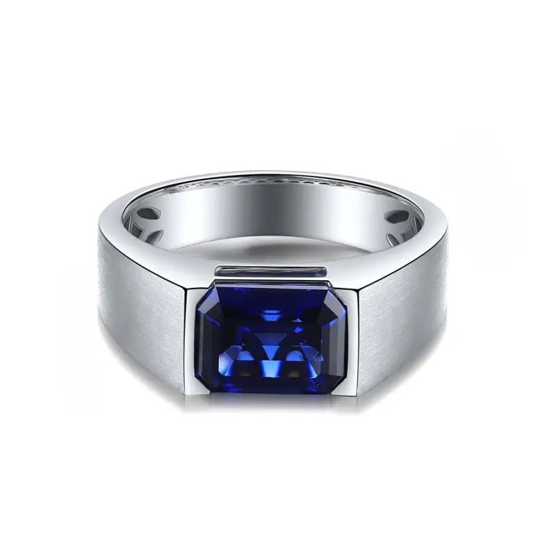 Minimalistic 3.5 Ct Emerald Cut Lab Blue Sapphire Half Bezel Wedding Ring For Men - LGG Jewelry