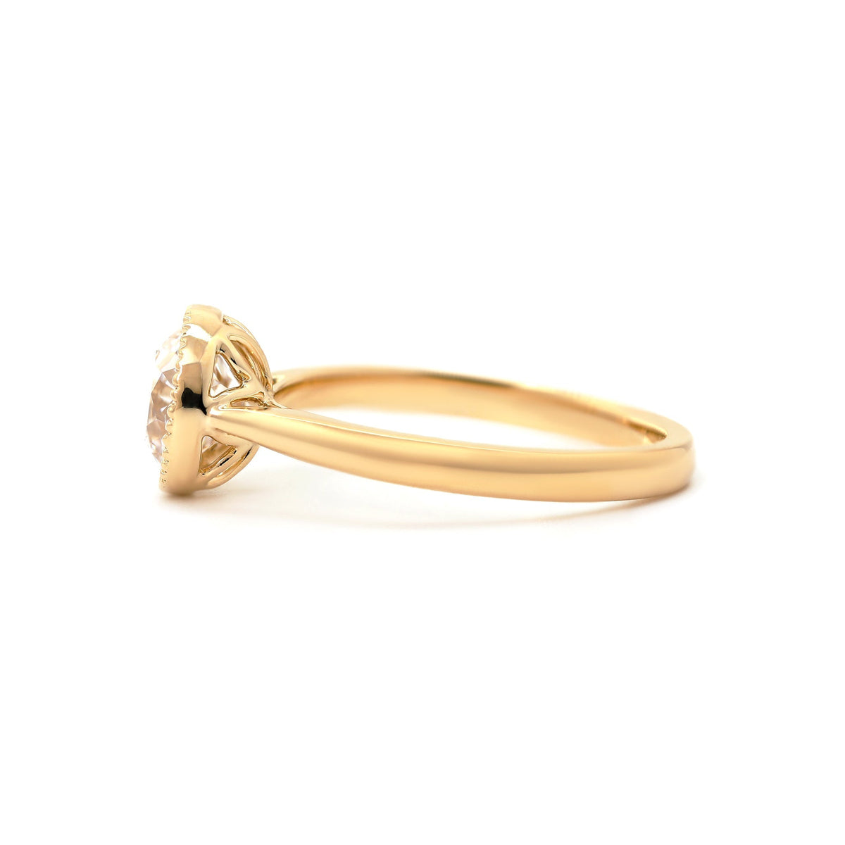 Old European-Cut Lab Diamond Bezel Solitaire Ring with Floral Basket - FIORESE JEWELRY