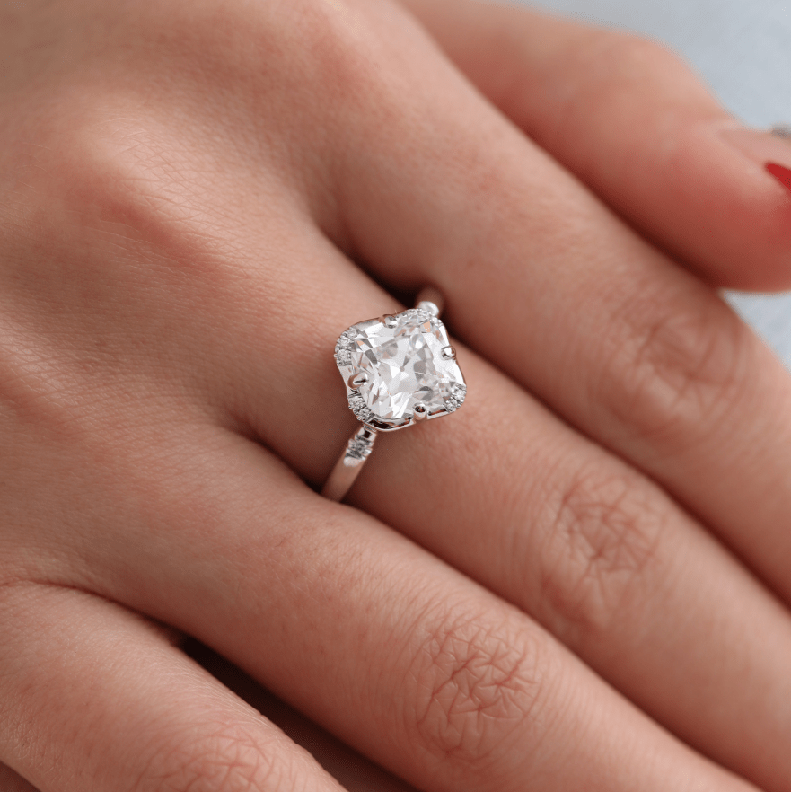 Old Mine-Cut Lab Diamond Ring with Buckle-Inspired Shank Design - FIORESE JEWELRY