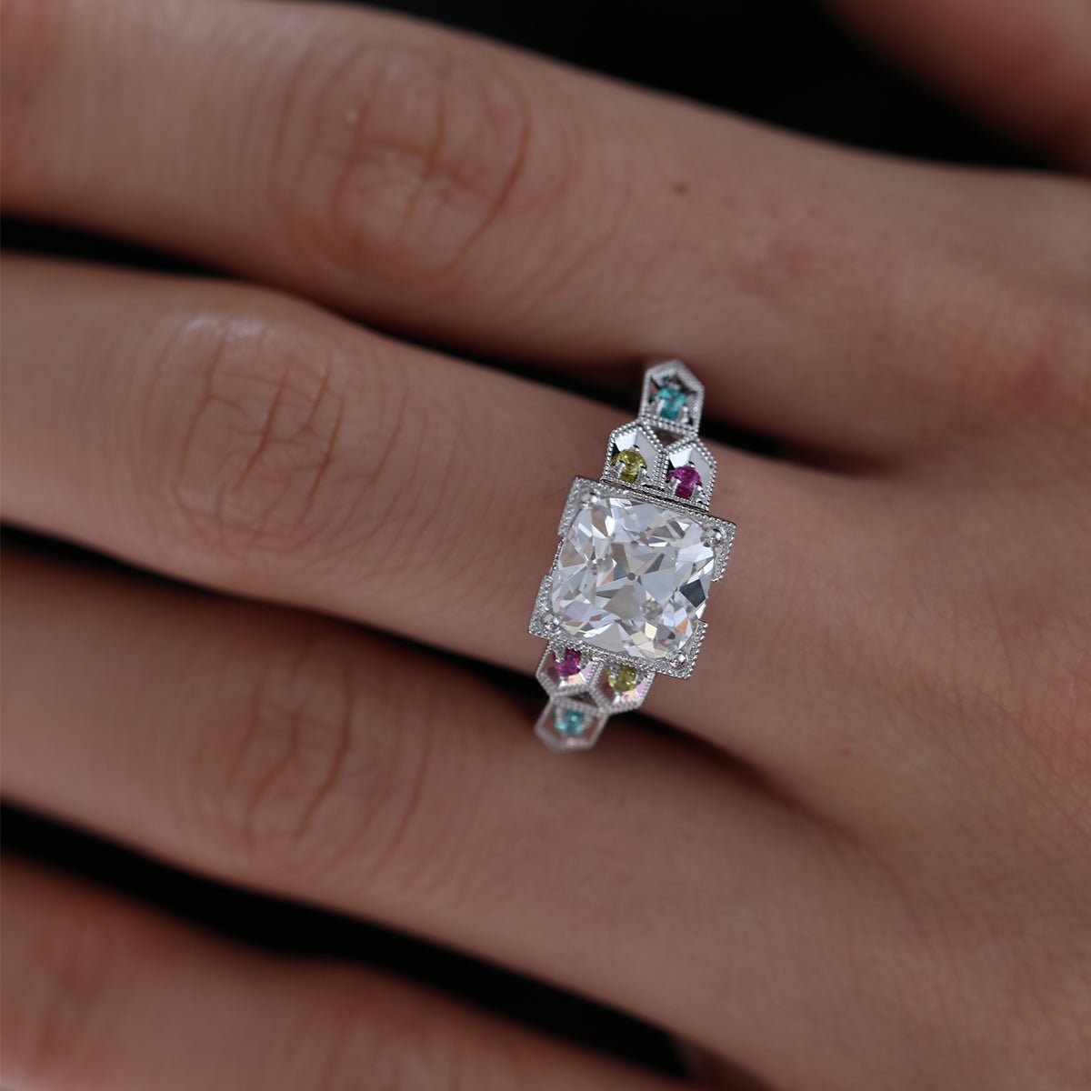 OMC Diamond Millegrain Ring with Fancy Color Gem Side Stones - FIORESE JEWELRY