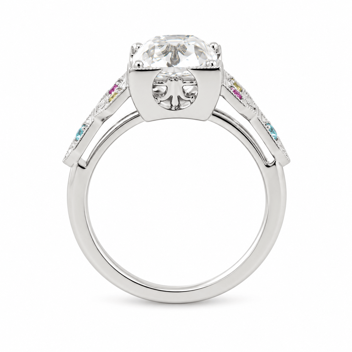 OMC Diamond Millegrain Ring with Fancy Color Gem Side Stones - FIORESE JEWELRY