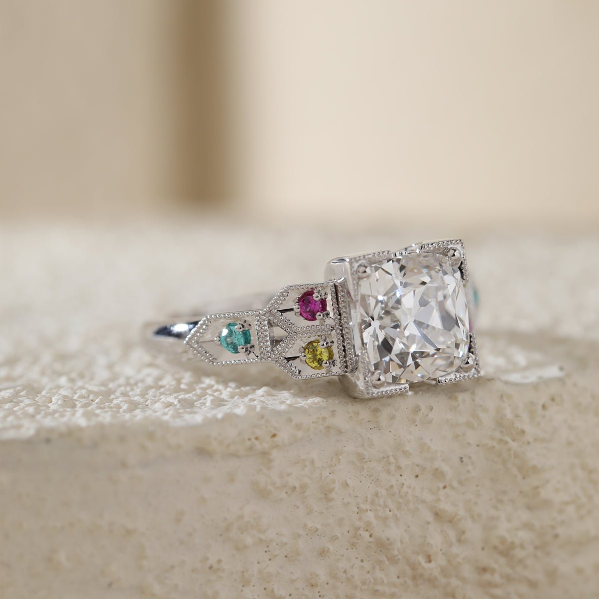 OMC Diamond Millegrain Ring with Fancy Color Gem Side Stones - FIORESE JEWELRY