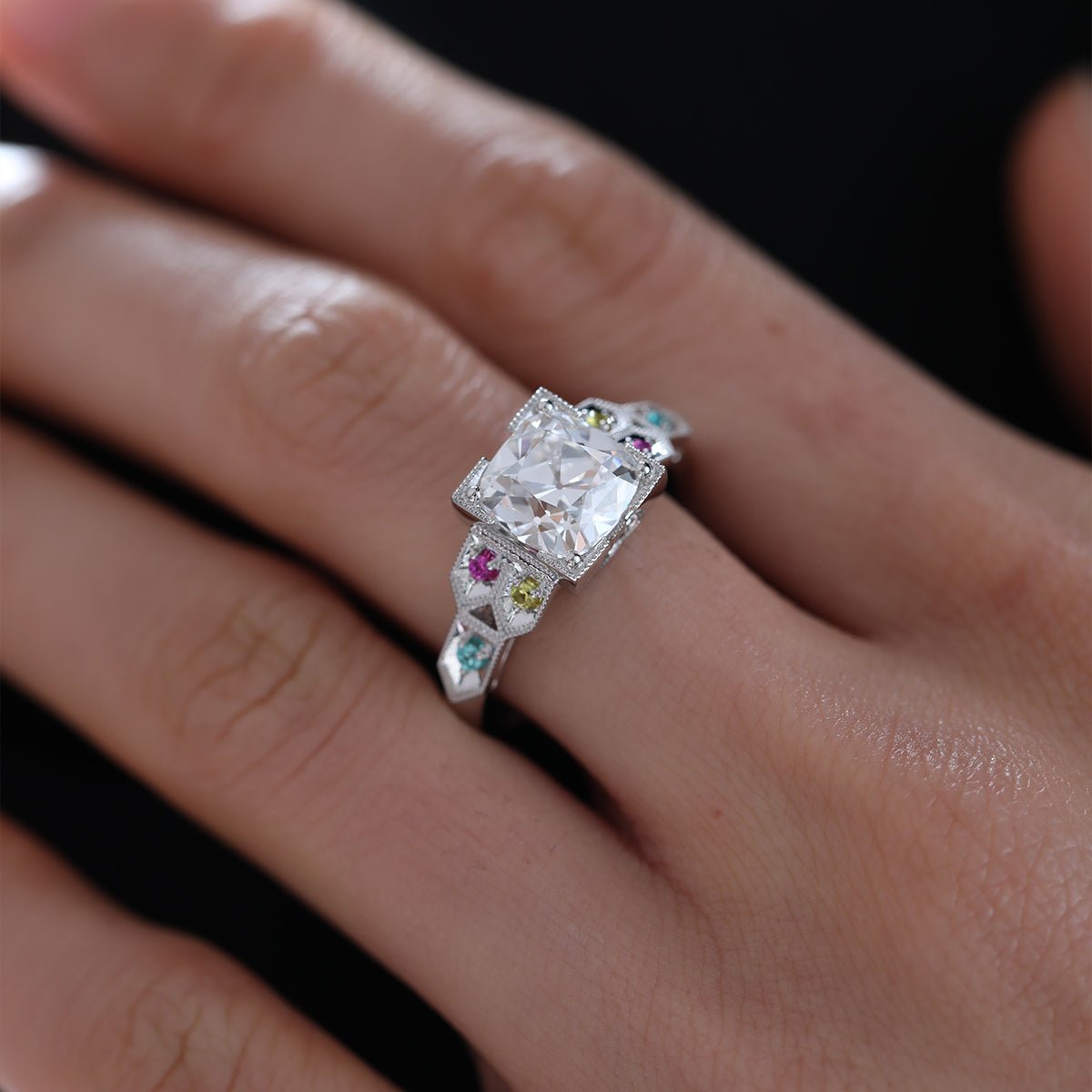 OMC Diamond Millegrain Ring with Fancy Color Gem Side Stones - FIORESE JEWELRY