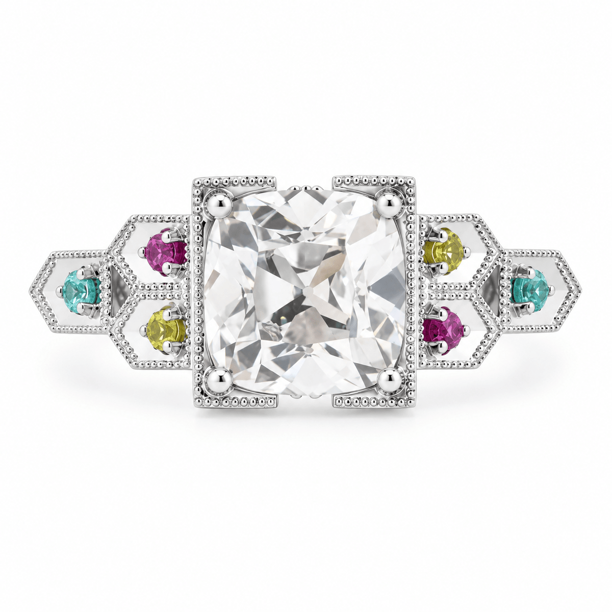 OMC Diamond Millegrain Ring with Fancy Color Gem Side Stones - FIORESE JEWELRY