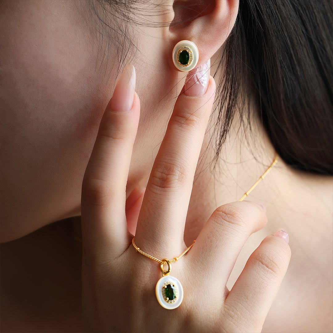 Oval Diopside & Nacre Statement Stud Earrings - LGG Jewelry