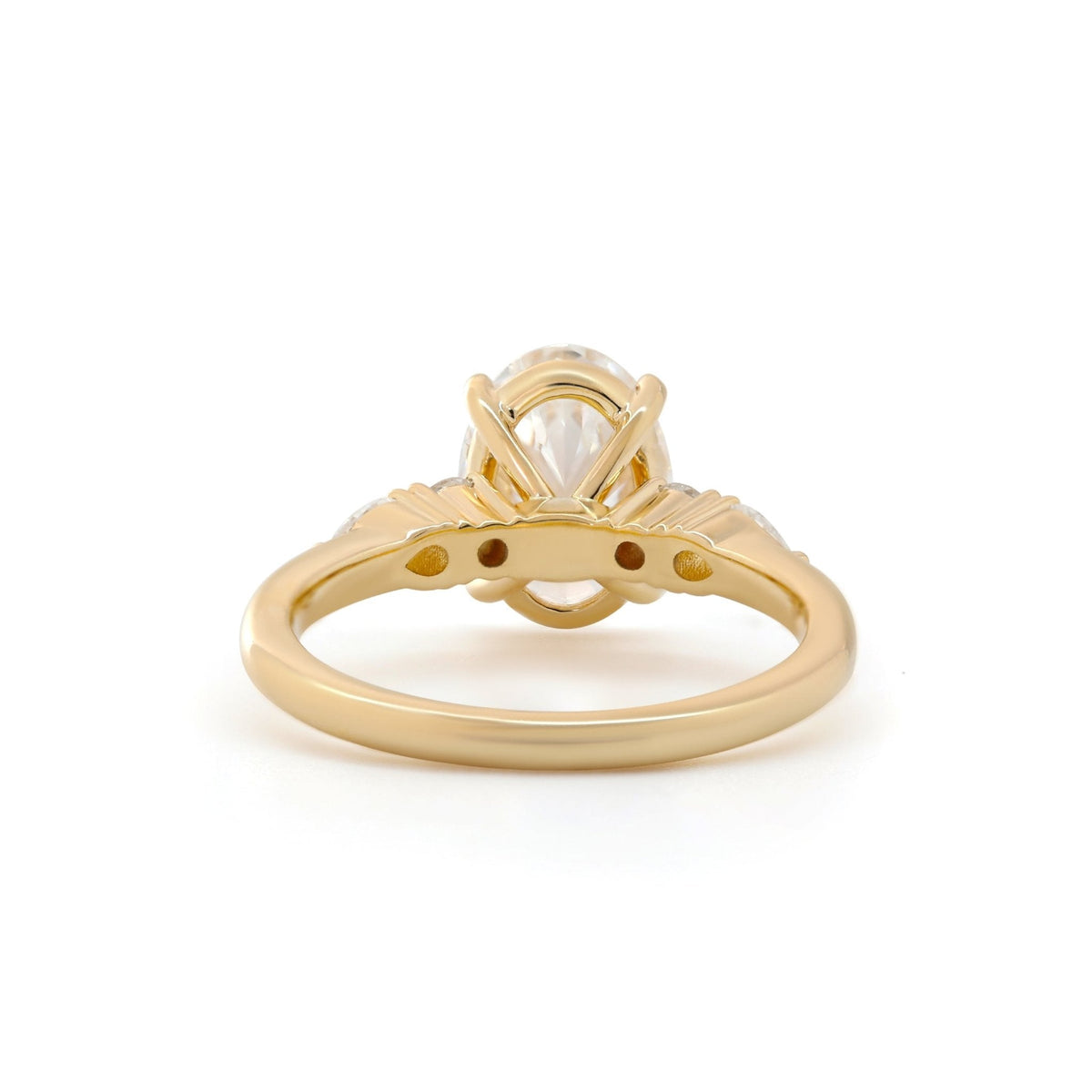 Oval Lab Diamond Ring with Four - Claw Prong Basket Setting and Round and Pear Lab Diamond Side Stones - FIORESE JEWELRY