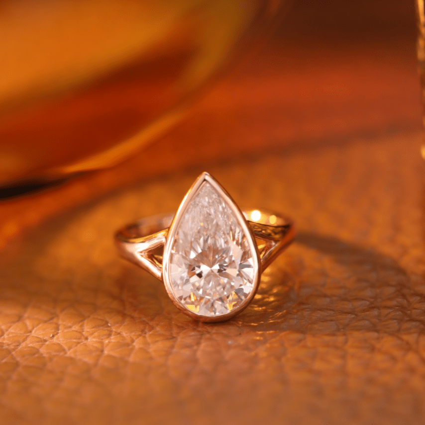 Pear Cut Lab Diamond Bezel Basket Solitaire Ring — Split Band Design - FIORESE JEWELRY