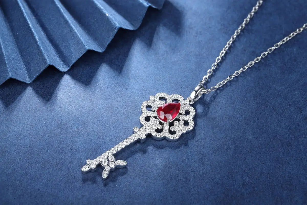 Pear Cut Lab Ruby Pave Key Pendant Necklace - LGG Jewelry