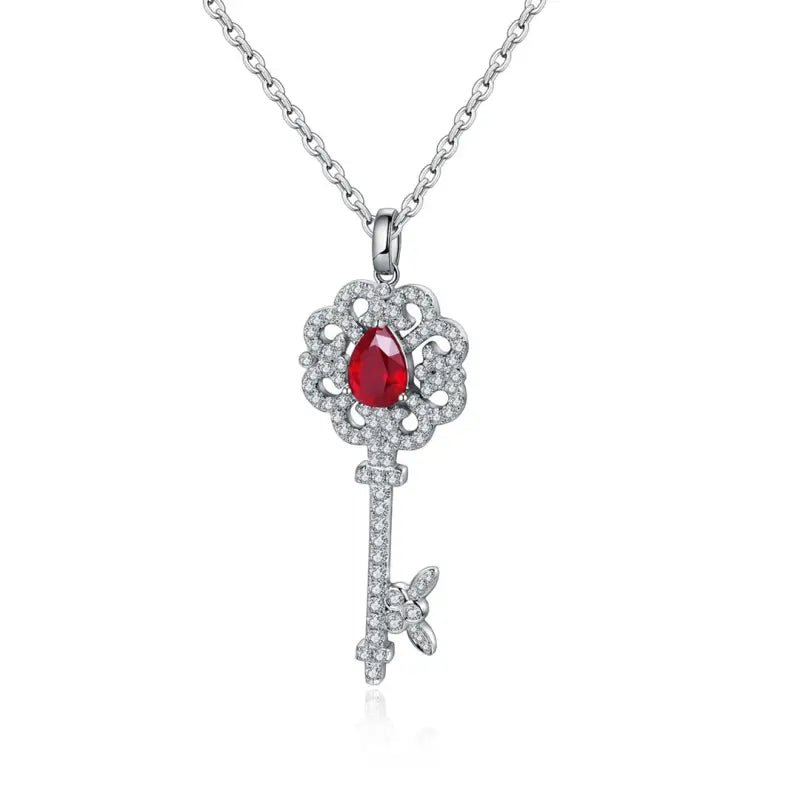 Pear Cut Lab Ruby Pave Key Pendant Necklace - LGG Jewelry
