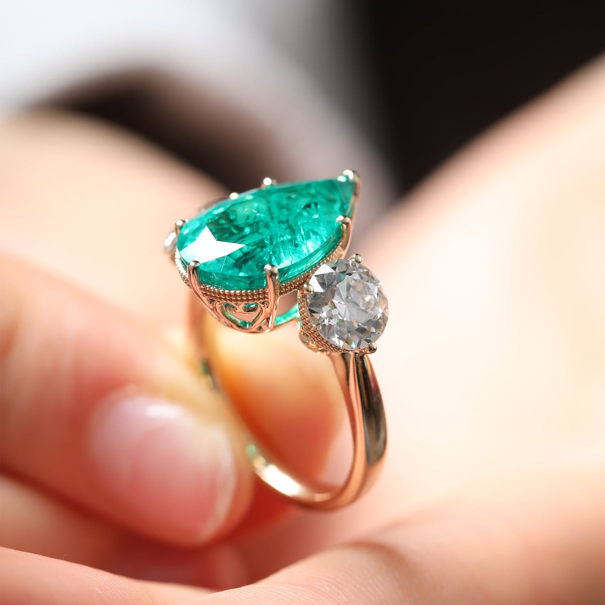 Pear Lab Emerald Three-Stone Engagement Ring with Old European-Cut Lab Diamond Side Stones - FIORESE JEWELRY