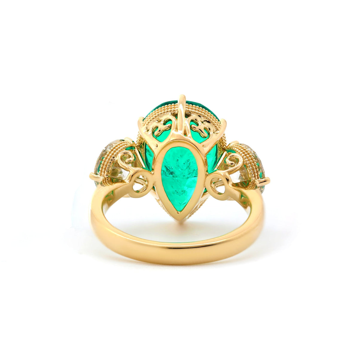 Pear Lab Emerald Three-Stone Engagement Ring with Old European-Cut Lab Diamond Side Stones - FIORESE JEWELRY