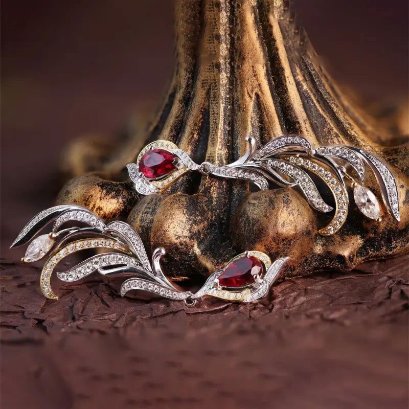 Phenix Feather Pear Cut Lab Ruby Earrings - LGG Jewelry
