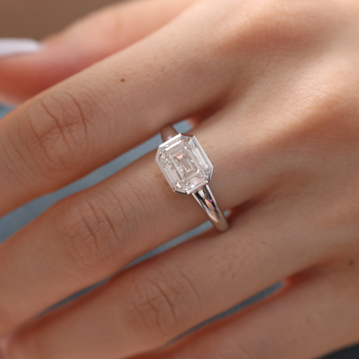 Platinum 3ct Antique Emerald Cut Lab Diamond Bezel Basket Solitaire Ring - FIORESE JEWELRY