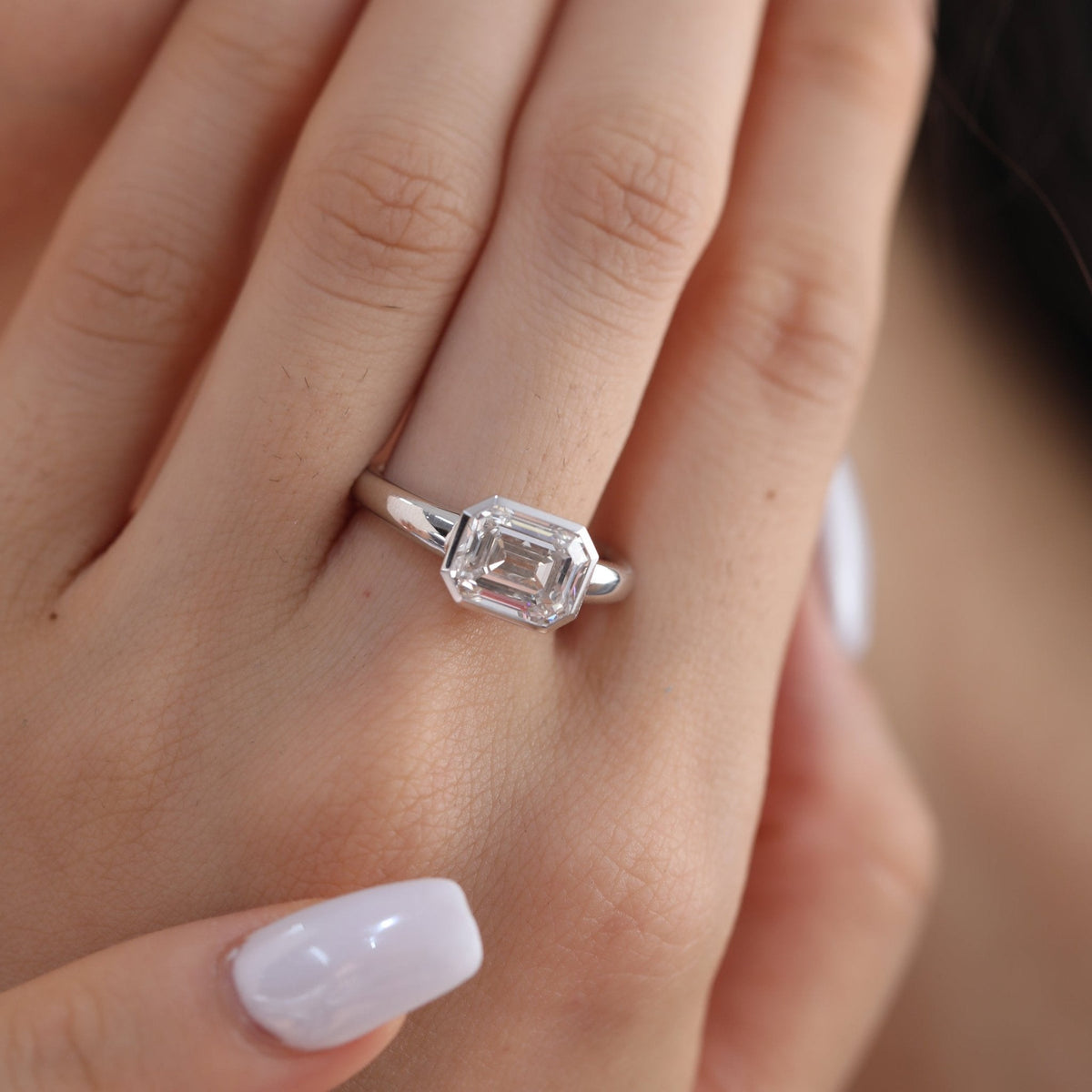 Platinum 3ct Antique Emerald Cut Lab Diamond Bezel Basket Solitaire Ring - FIORESE JEWELRY