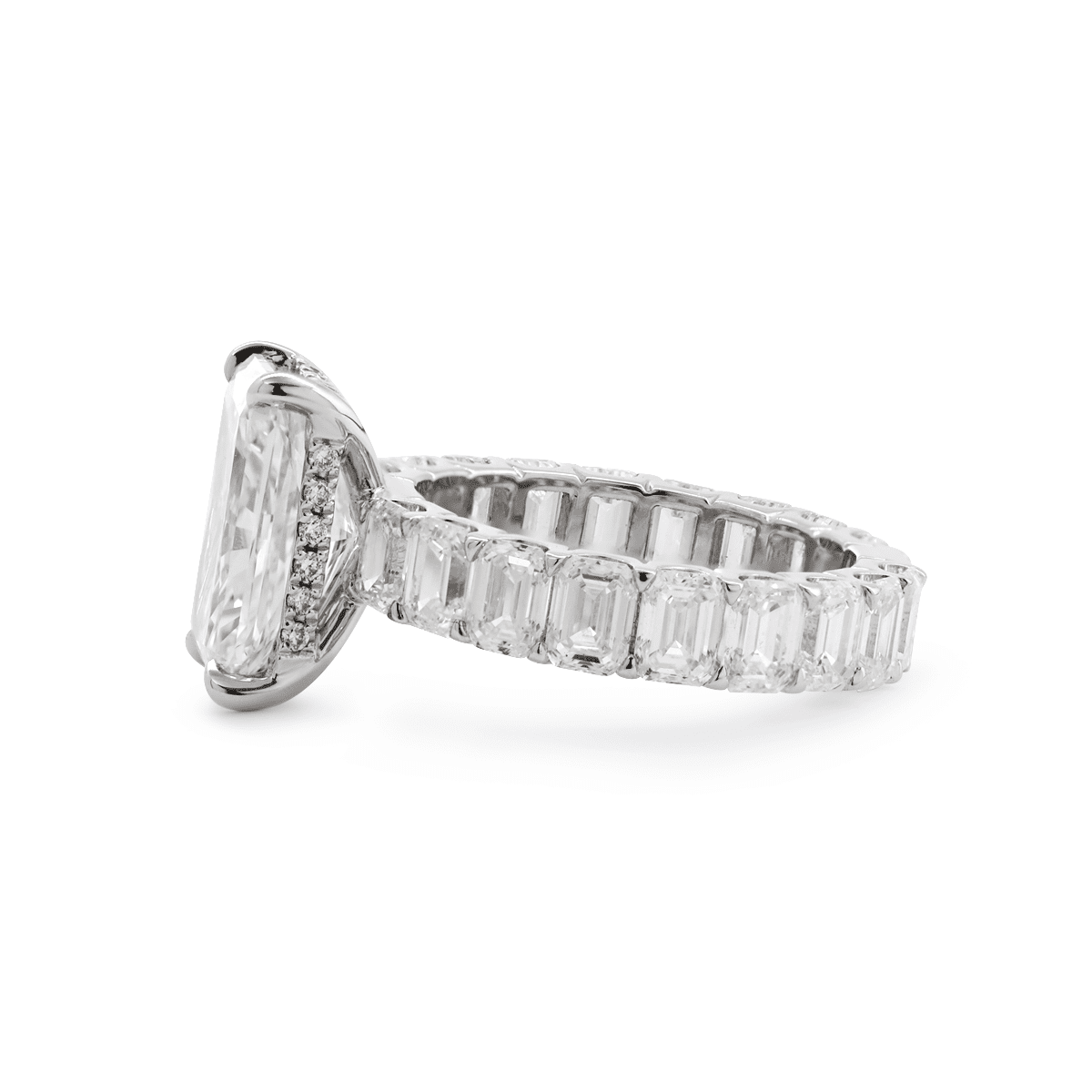 Platinum 4ct Radiant Cut Lab Diamond 4 Calw Prong Basket Ring with Round Lab Diamond Hiddden - Halo and Emerald Cut Lab Diamond Pave - FIORESE JEWELRY