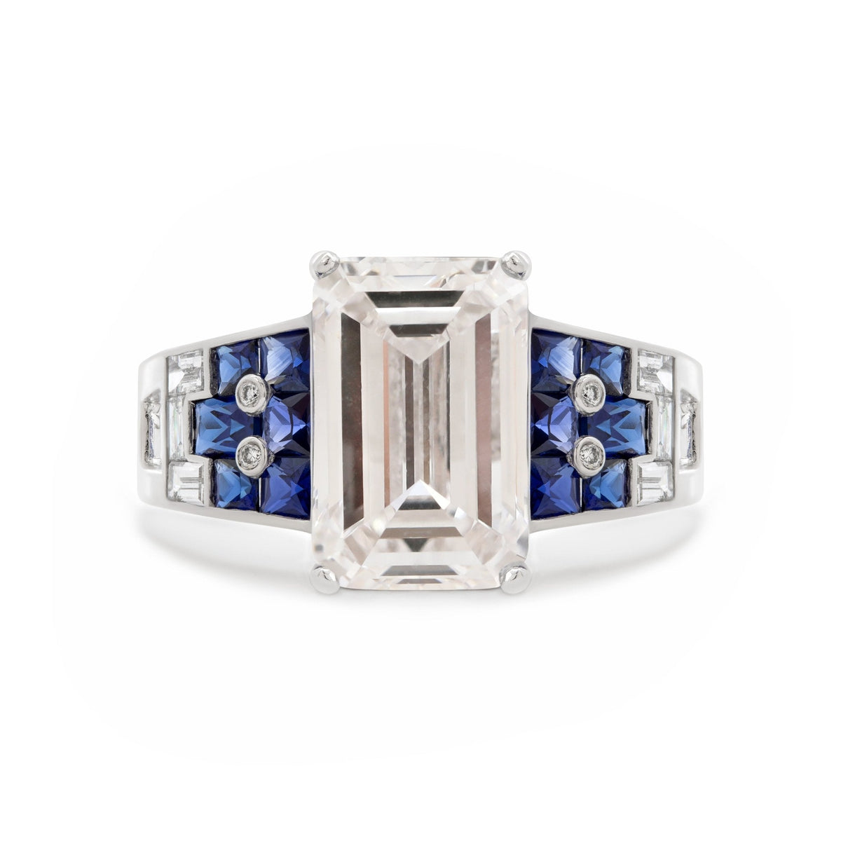 Platinum 5.5ct Emerald Cut Lab Diamond Vintage Ring with Lab Sapphire and Baguette Lab Diamond Side - Stones - FIORESE JEWELRY