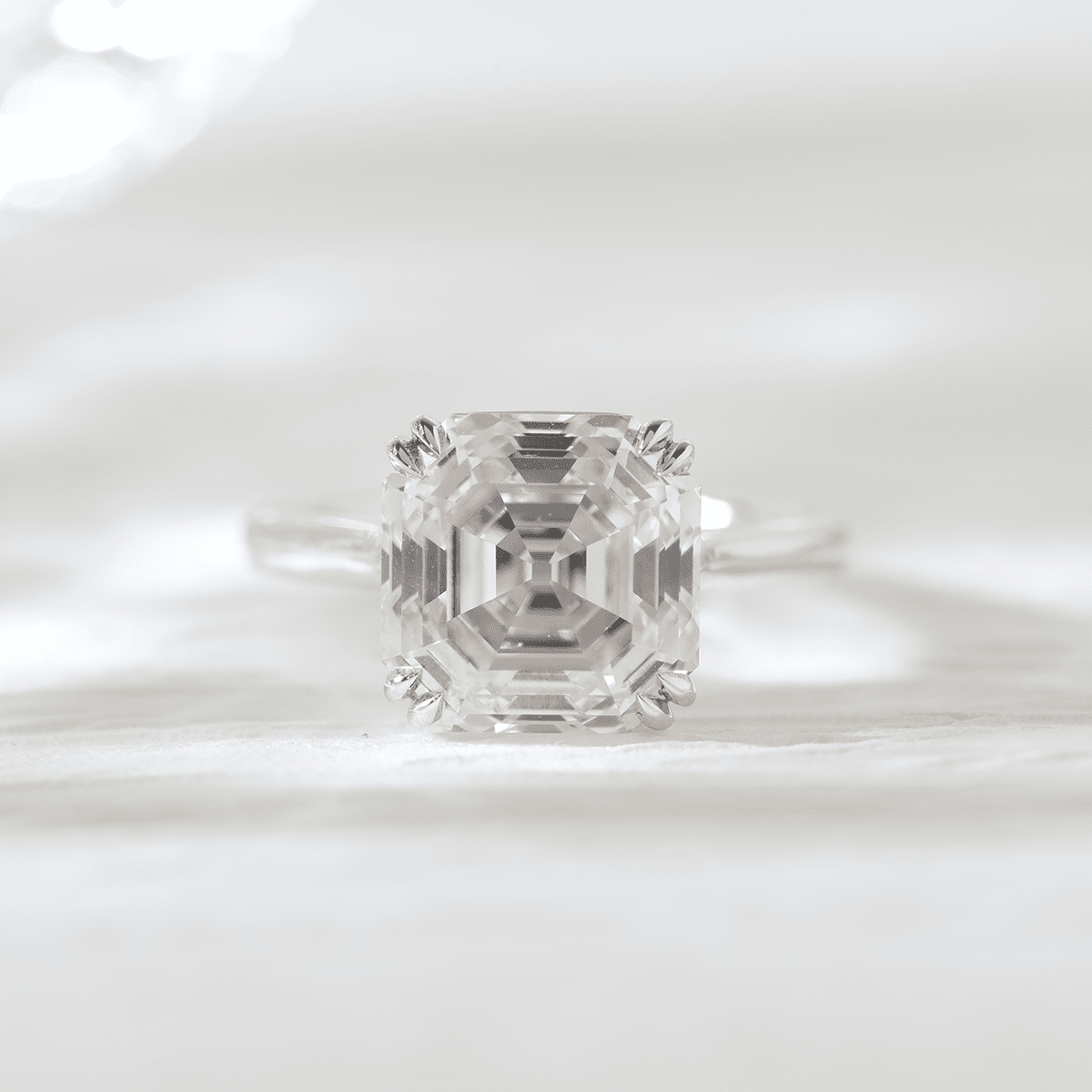Platinum 5ct Antique Asscher Cut Lab Diamond Double Claw Prong Basket Solitaire Ring - FIORESE JEWELRY