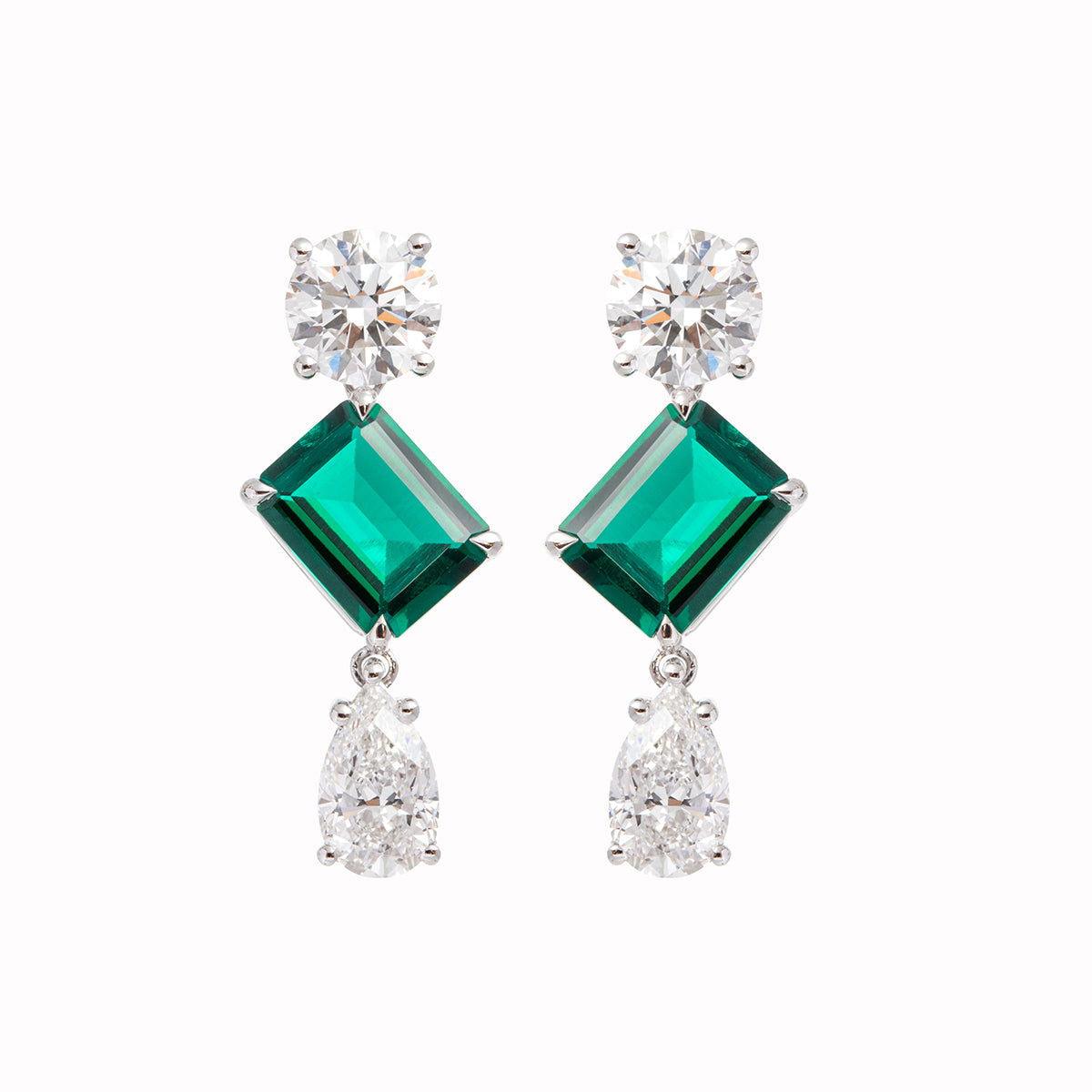 Platinum 7 ct tw Lab Zambian Emerald Round & Pear Lab Diamond Stud Earrings - FIORESE JEWELRY