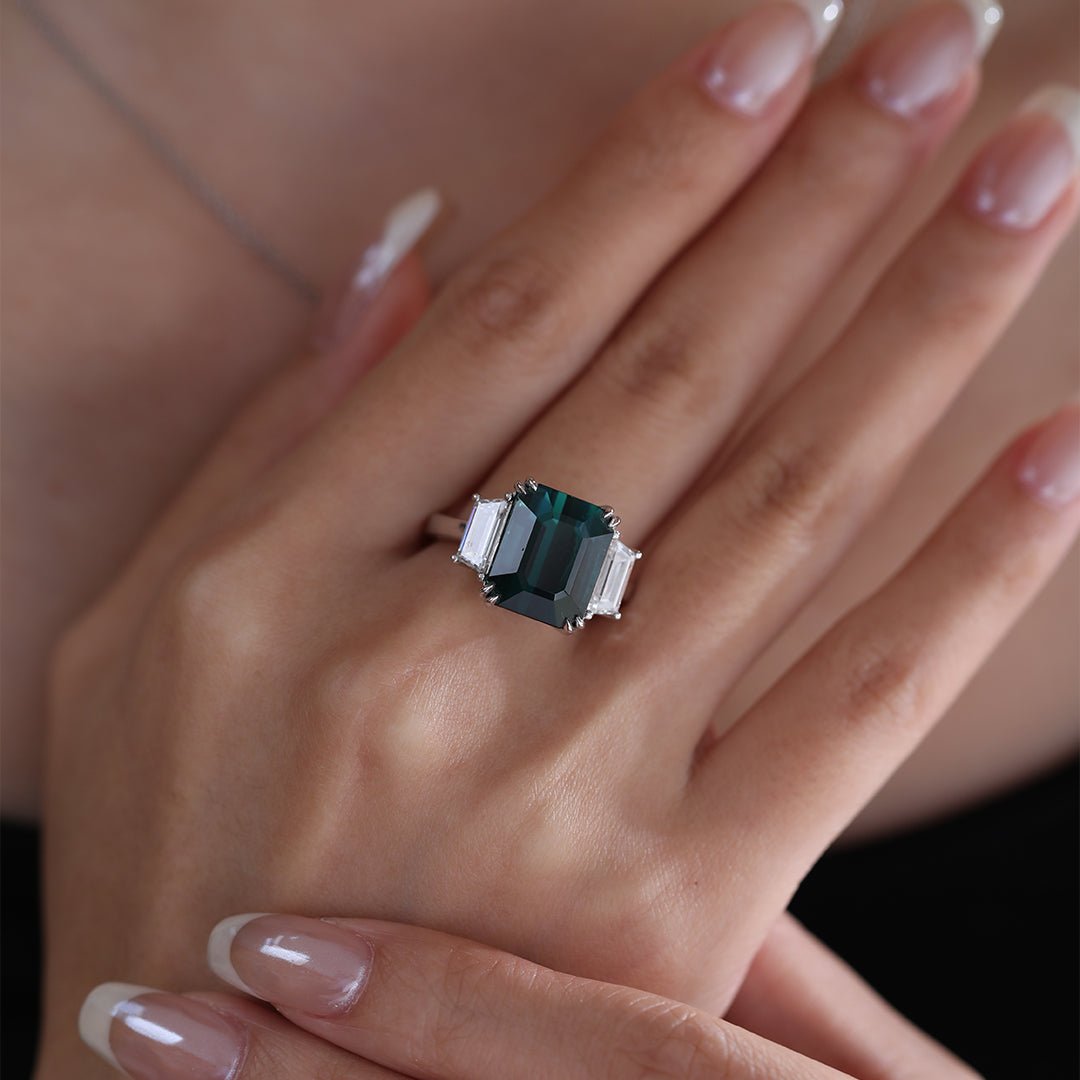 Platinum 9.4ct Verdelite Green Tourmaline Three - stone Ring with Step Cut Trapezoid Lab Diamond Side - stones - FIORESE JEWELRY