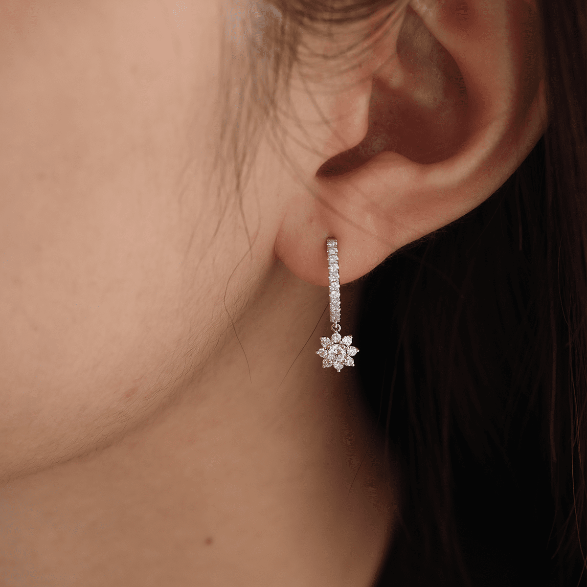 Platinum Round Lab Diamond Floral Hoop Earrings - FIORESE JEWELRY