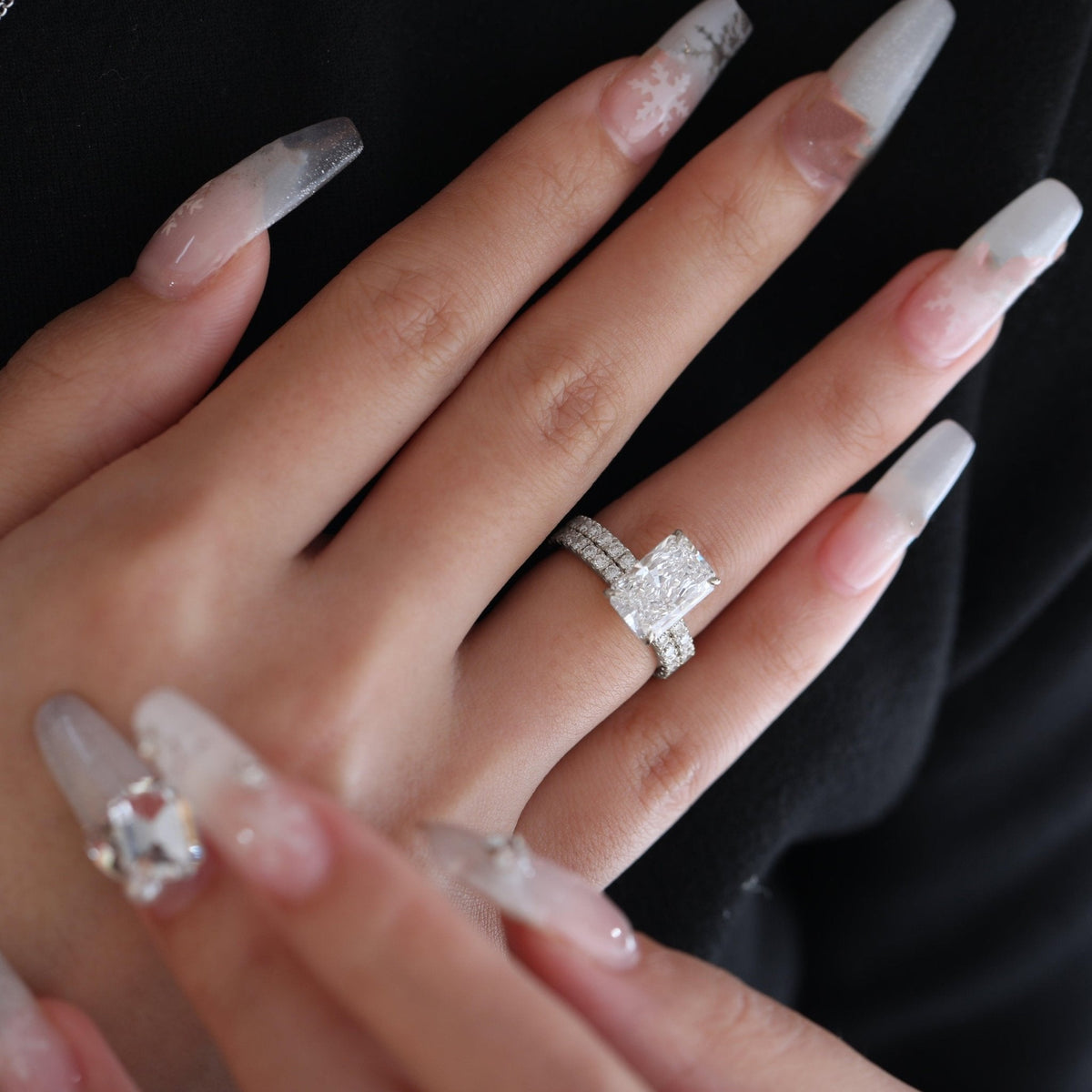 Radiant Cut Lab Diamond 4 - Claw U - Shaped Pavé Bridal Set — Engagement Ring with Eternity Band - FIORESE JEWELRY