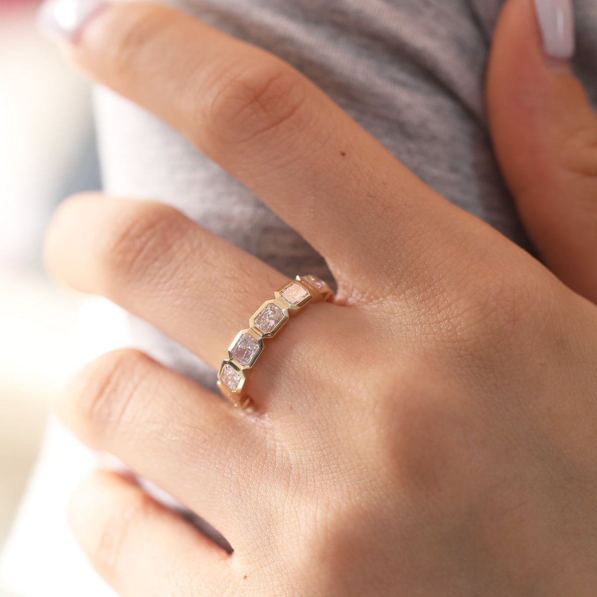 Radiant-Cut Lab Diamond East-West Bezel Eternity Band - FIORESE JEWELRY