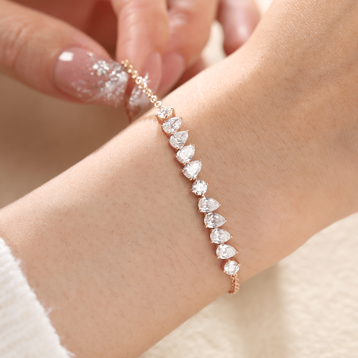 Round and Pear - Shaped Lab Diamond Chain Bracelet in Prong Basket Setting - FIORESE JEWELRY