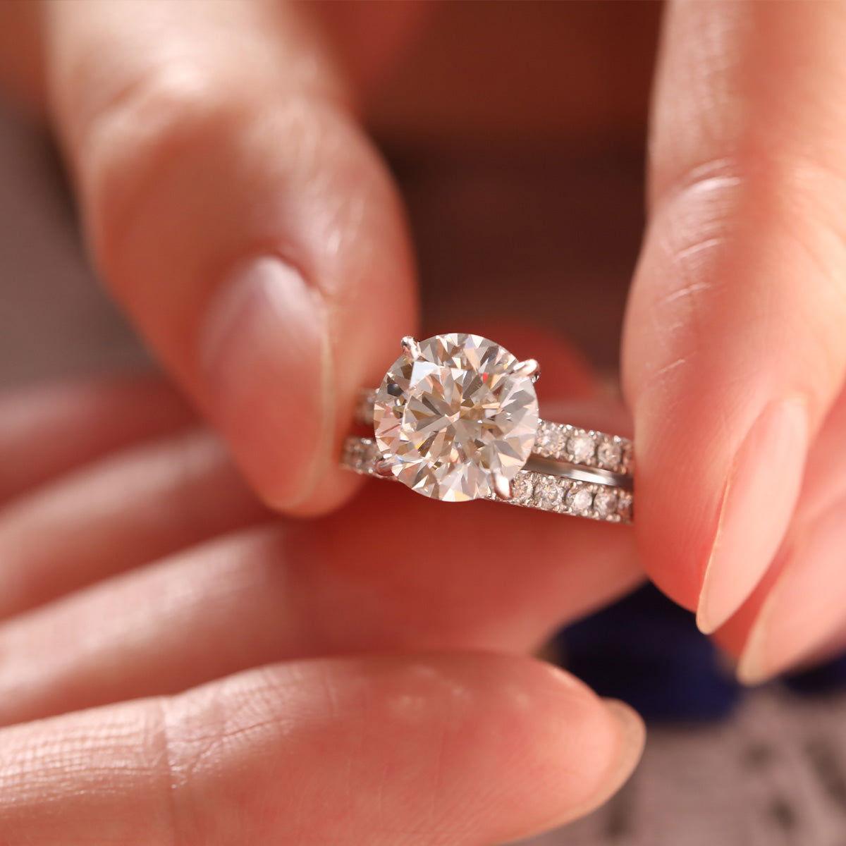 Round Brilliant Cut Lab Diamond 4 - Claw Hidden Halo Bridal Set – Engagement Ring with French Pavé Band - FIORESE JEWELRY