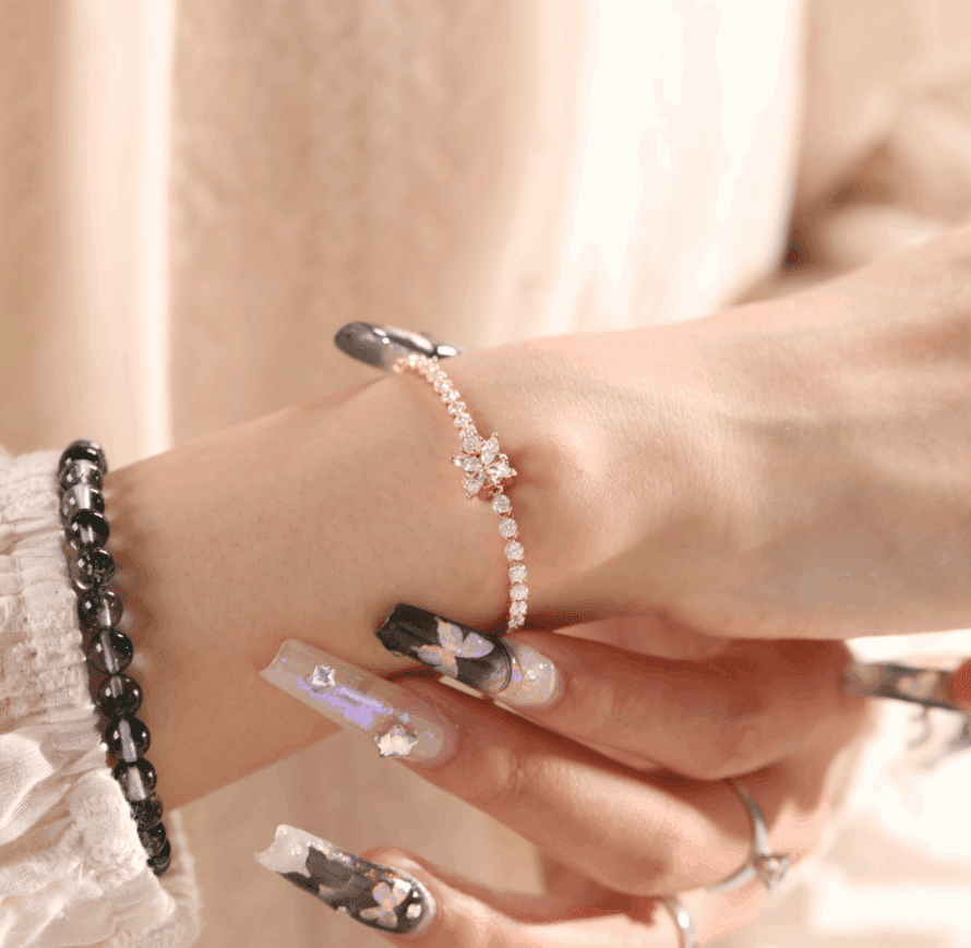 Round Cut Lab Diamond Three - Prong Basket Tennis Bracelet with Floral Marquise Diamond Box Clasp - FIORESE JEWELRY