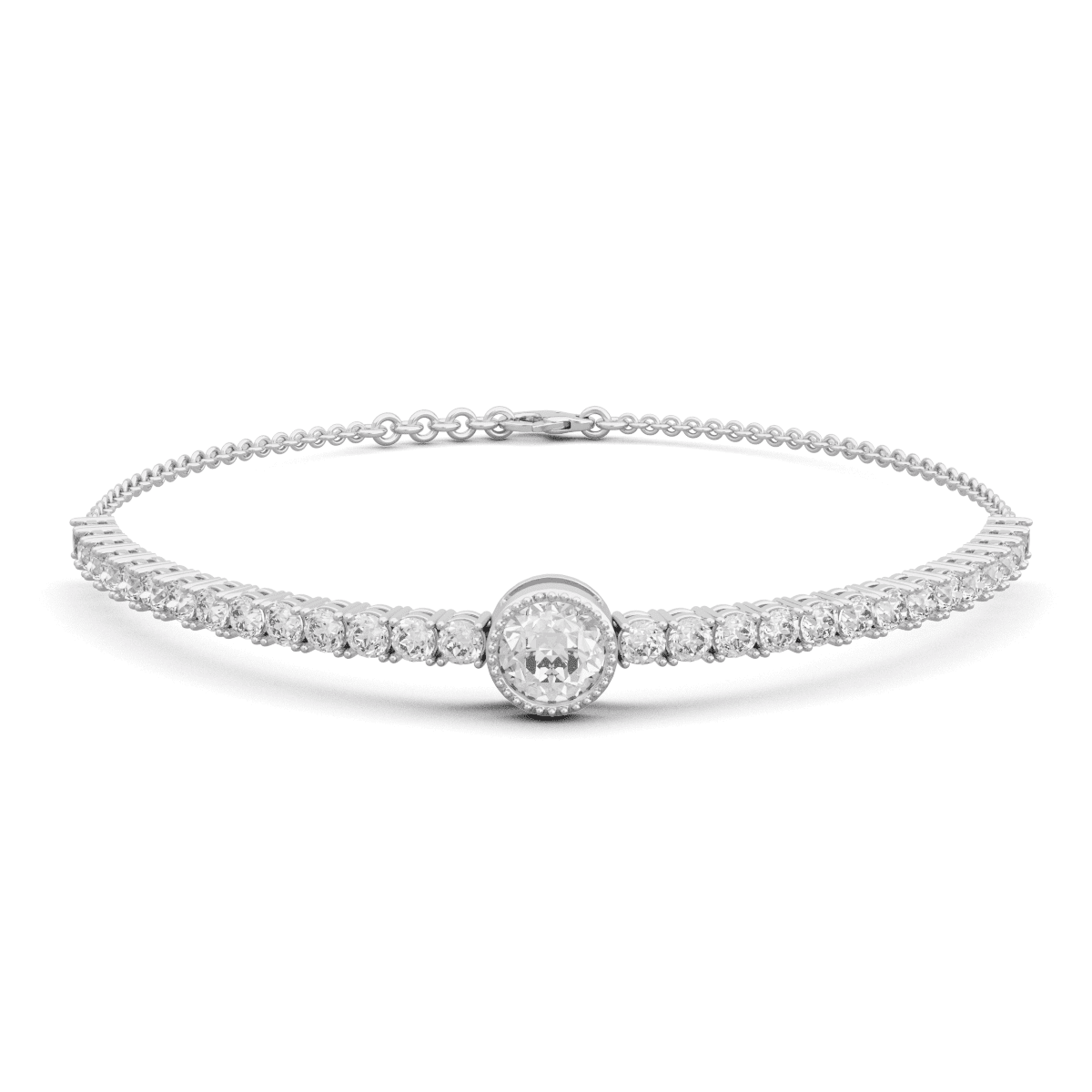 Round Lab Diamond Adjustable Chain Bracelet with a 6mm Millegrain Bezel - Set Center Stone - FIORESE JEWELRY