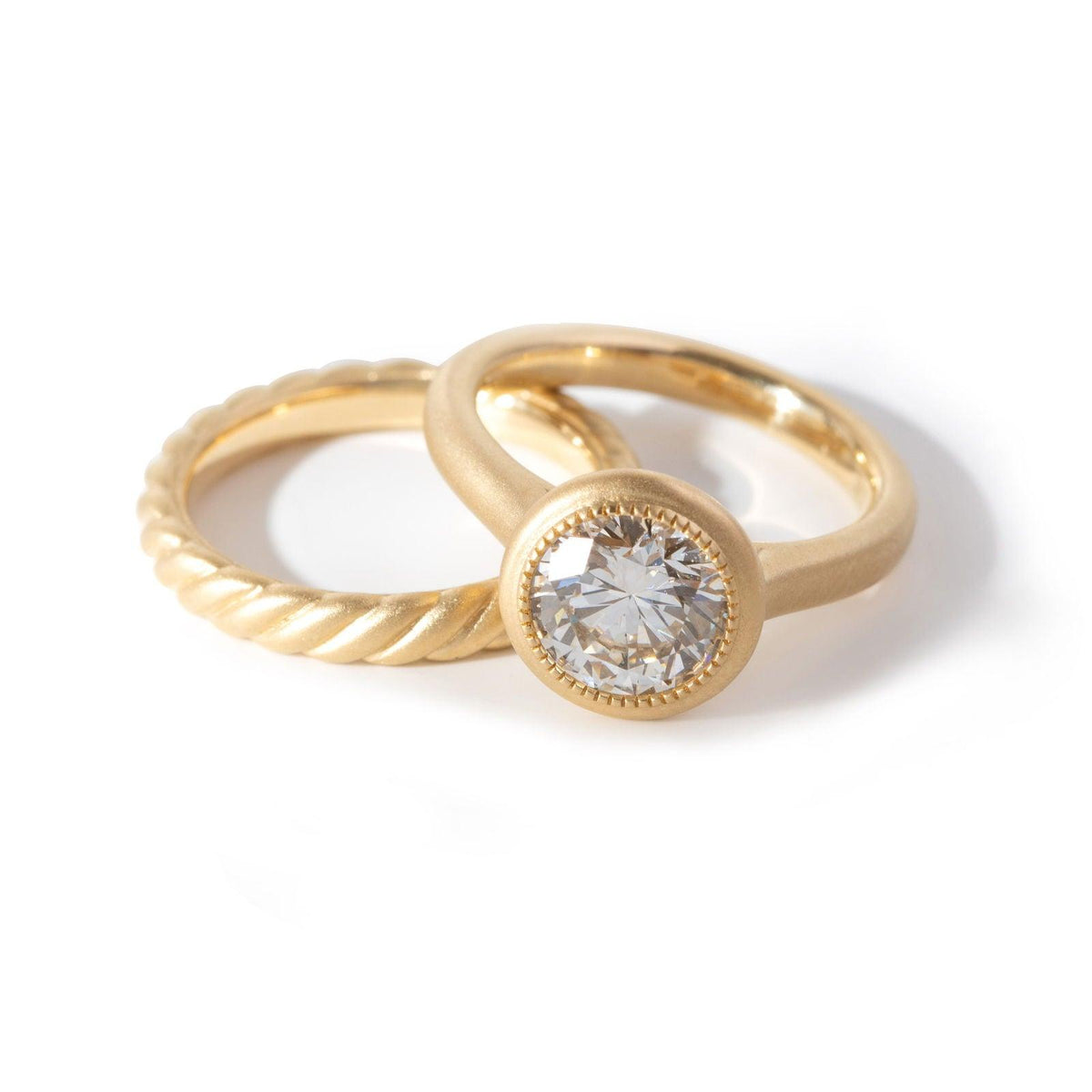 Round Lab Diamond Bezel Cathedral Bridal Set — Matte Engagement Ring with Twisted Matching Band - FIORESE JEWELRY