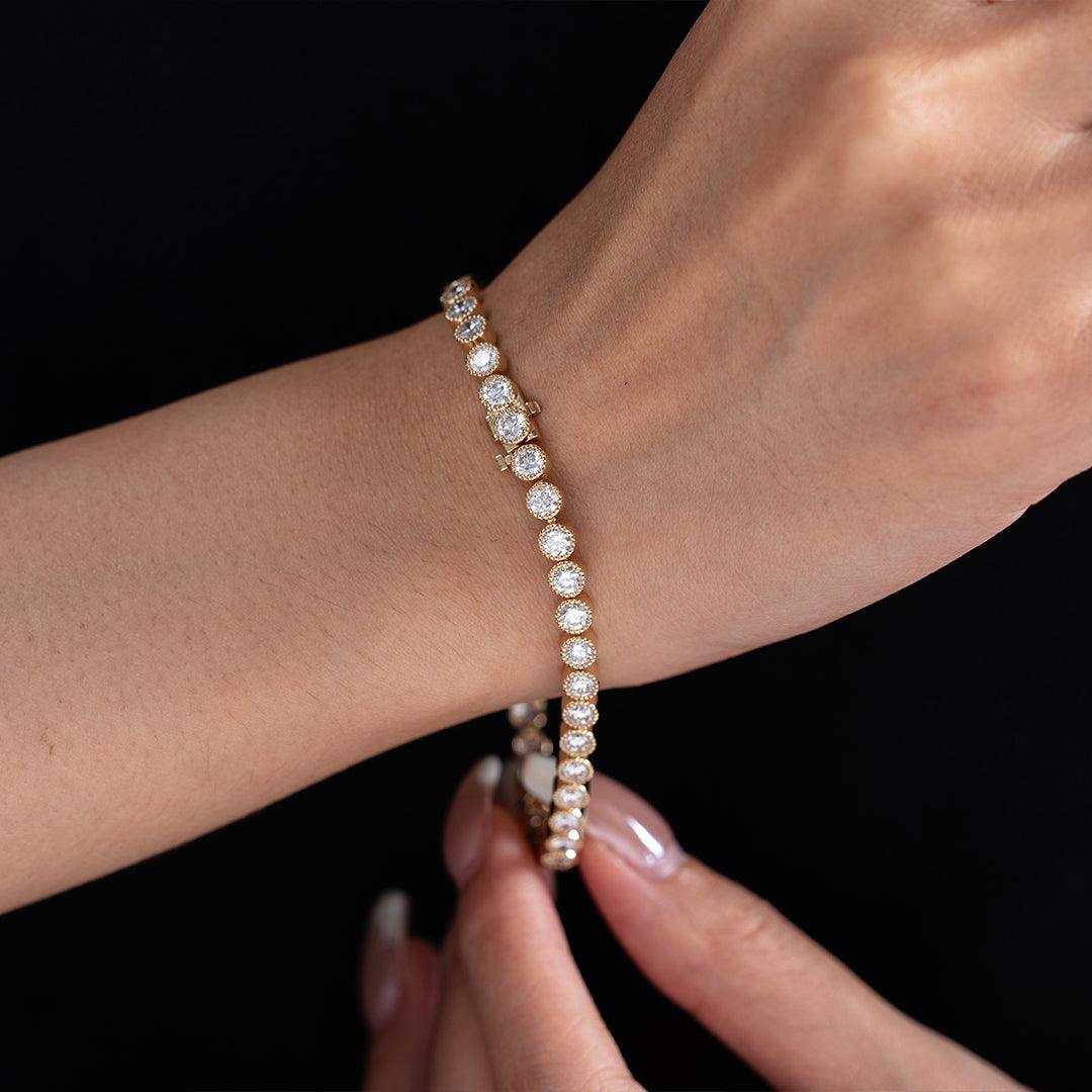 Round Lab Diamond Millegrain Bezel - Set Tennis Bracelet with Box Clasp - FIORESE JEWELRY