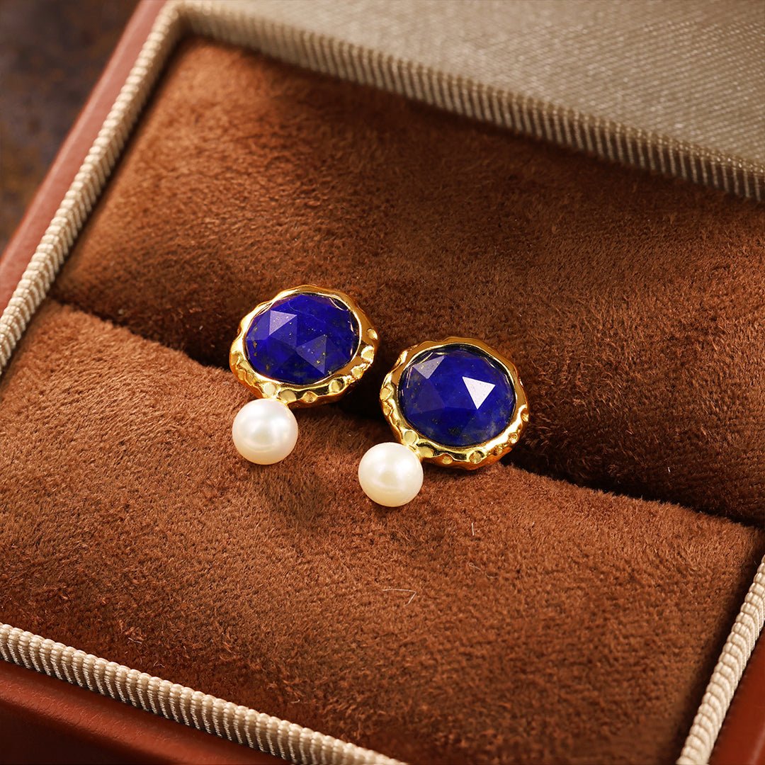 Round Lapis Lazuli & Pearl Earrings - LGG Jewelry