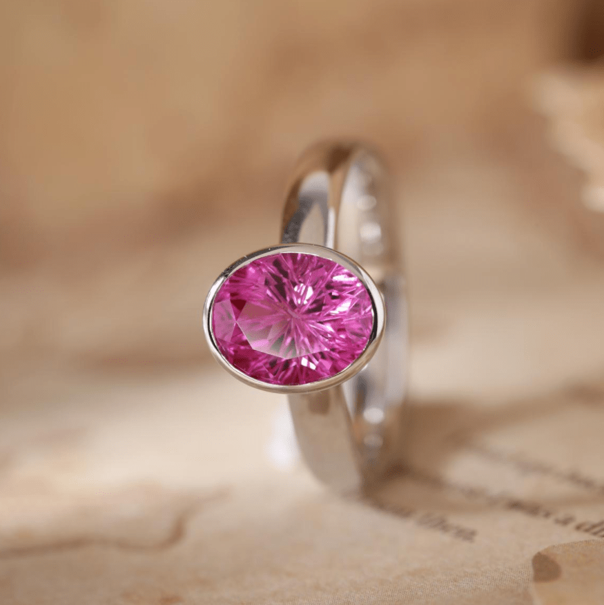 Starbrite-Cut Pink Lab Sapphire Bezel Solitaire Ring with European Shank - FIORESE JEWELRY
