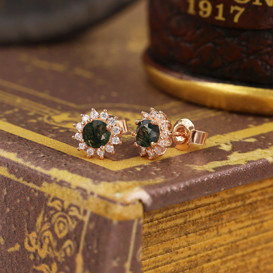 Sunny Halo Round Cut Moss Agate Ear Studs - LGG Jewelry