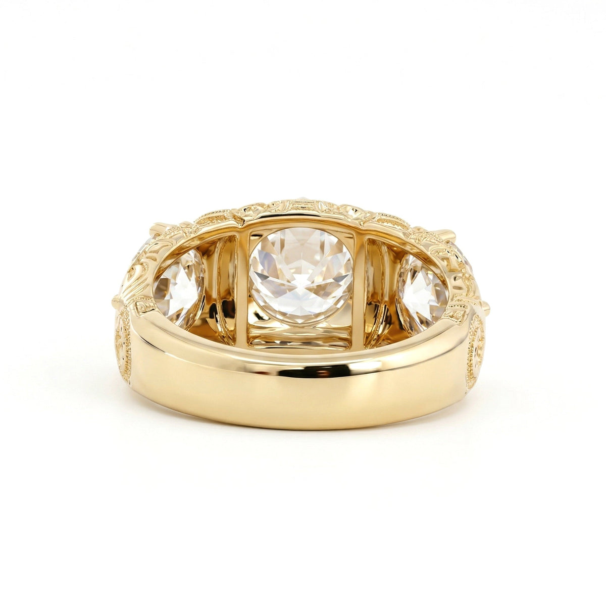Vintage Style Hand - engraved Three Stone Old European Cut Lab Diamond Ring - FIORESE JEWELRY