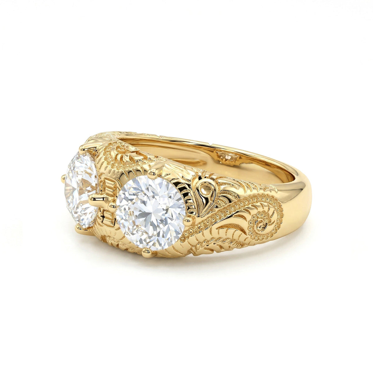 Vintage Style Hand - engraved Three Stone Old European Cut Lab Diamond Ring - FIORESE JEWELRY