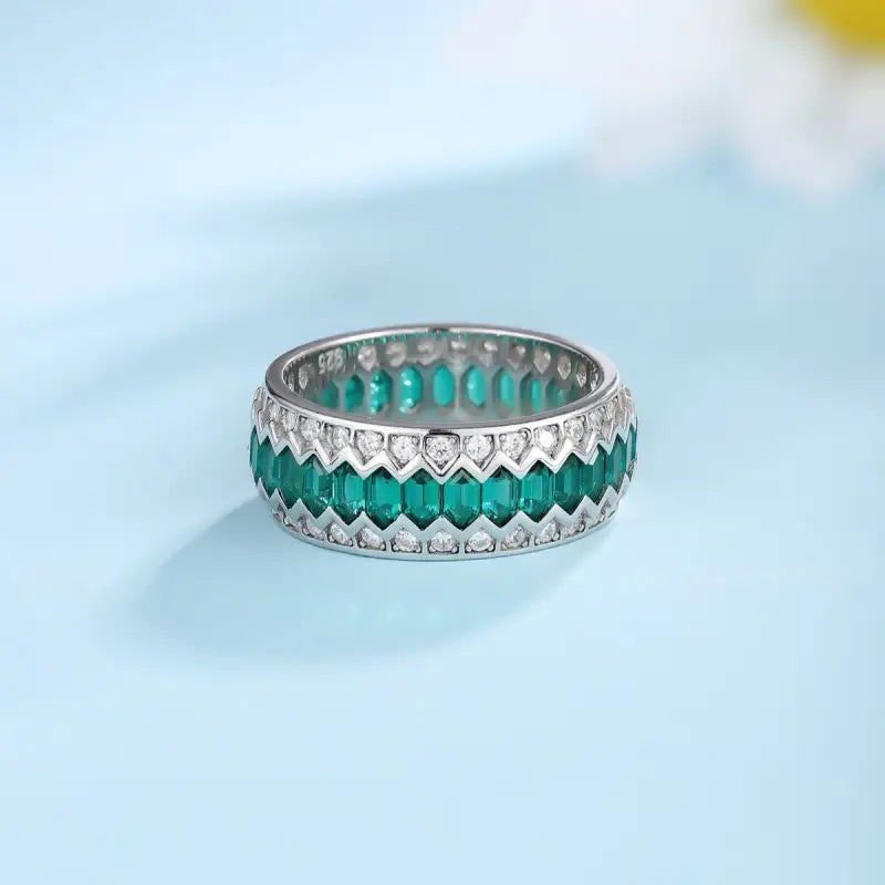 Wave Line Elongated Hexagon Zambia Green Emerald Channel Eternity Band - LGG Jewelry